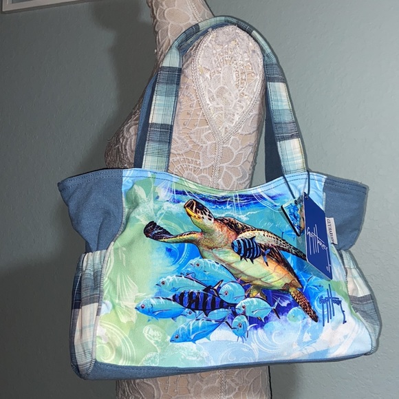 Nwt Guy Harvey Blue Ocean Sea Turtle Large Shoulder Beach Tote Bag - Picture 4 of 16
